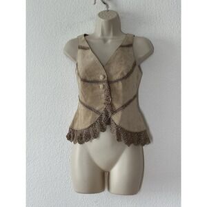 Y2K Suede Vest Beige Leather Top Crochet Detail Short Womens Small Boho Festival